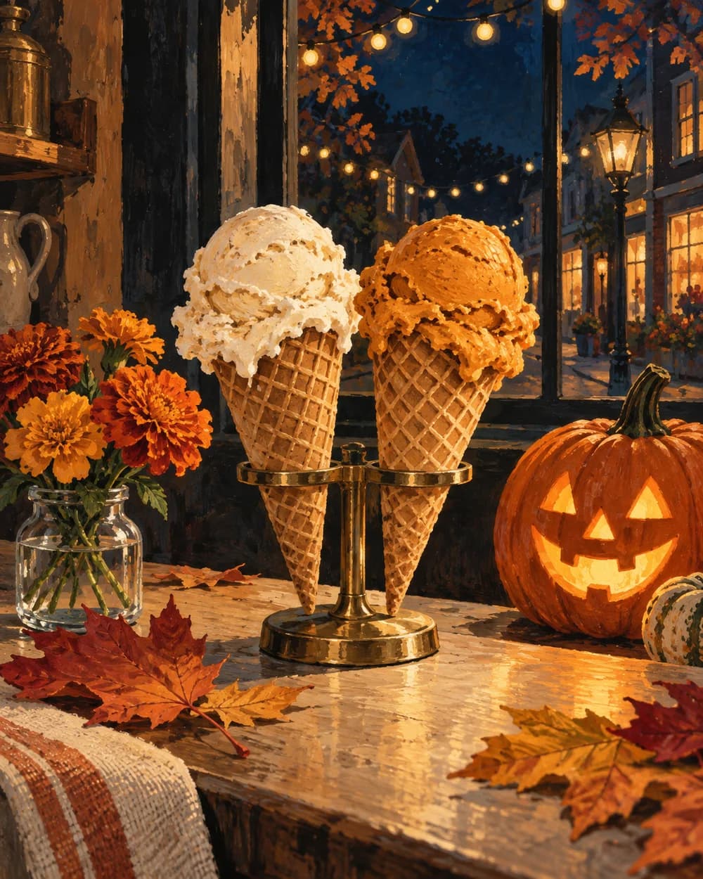 Illustrated ice cream cones and a glowing pumpkin on an autumn shop counter.