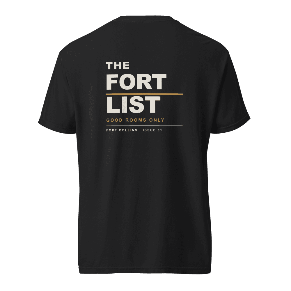 Back of the black Doorline heavyweight tee with The Fort List lettering in cream and brass