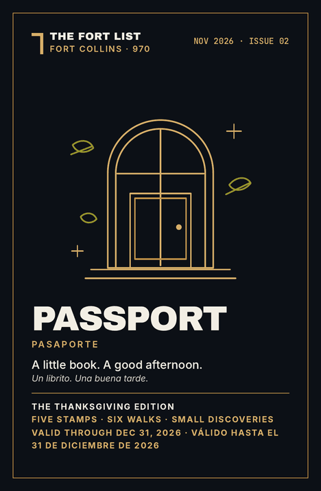 The November 2026 Passport cover: a gold line illustration of an arched Old Town door with falling leaves on black.