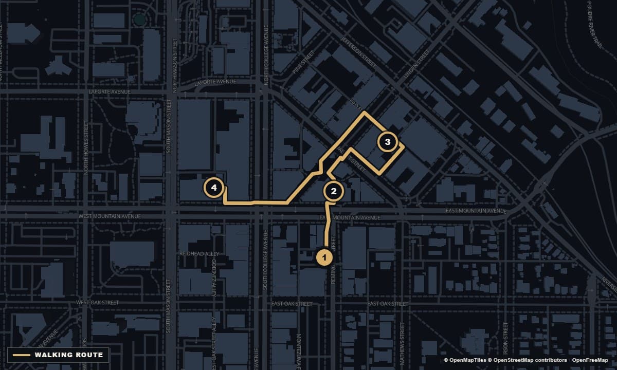 Actual Fort Collins street map with the Brewery tour walking route and 4 numbered stops