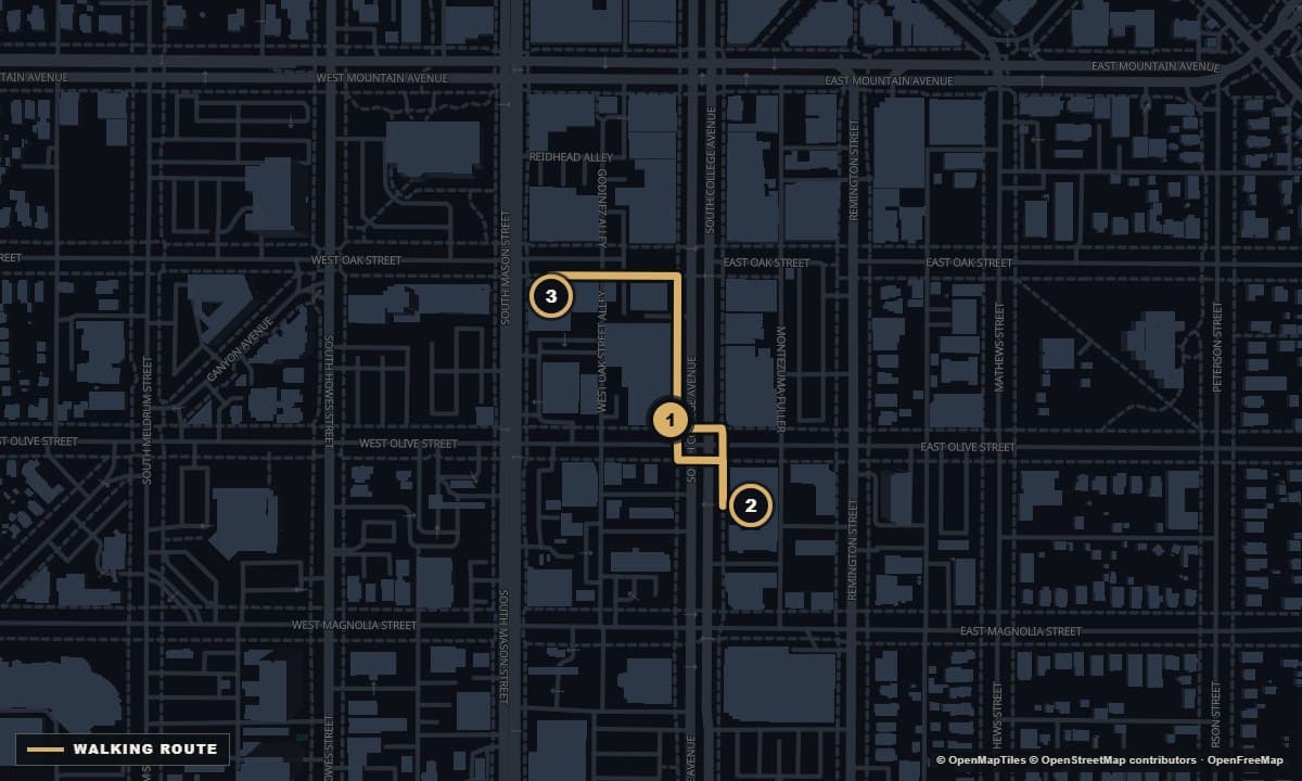Actual Fort Collins street map with the Cozy cafes walking route and 3 numbered stops