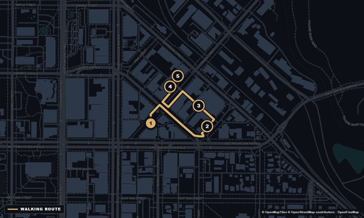Actual Fort Collins street map with the Golden hour walking route and 5 numbered stops