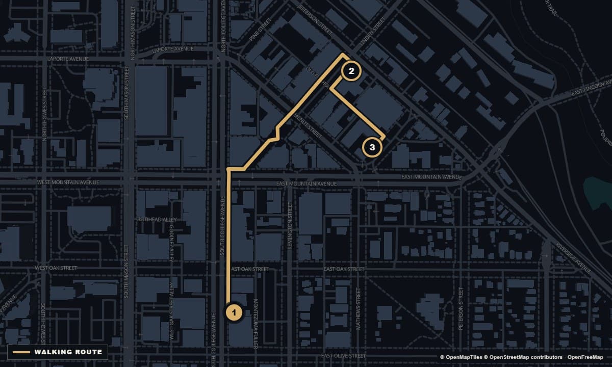 Actual Fort Collins street map with the Night out walking route and 3 numbered stops