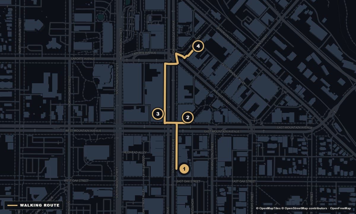 Actual Fort Collins street map with the Shop local walk walking route and 4 numbered stops