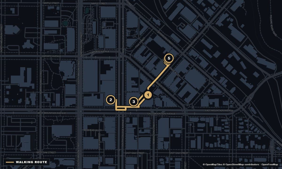 Actual Fort Collins street map with the With the family walking route and 5 numbered stops
