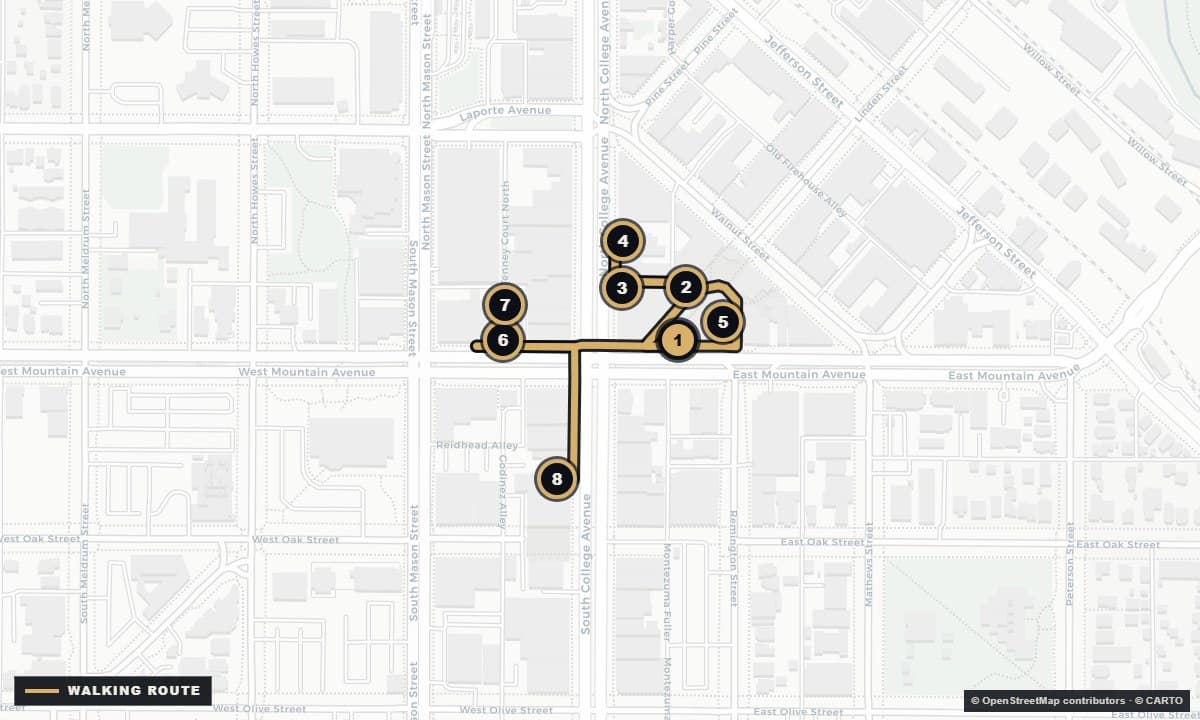 Actual Fort Collins street map with the Old Town after dark walking route and 8 numbered stops