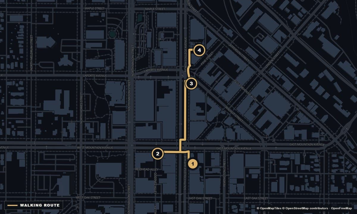 Actual Fort Collins street map with the Take the long way to a cone. walking route and 4 numbered stops