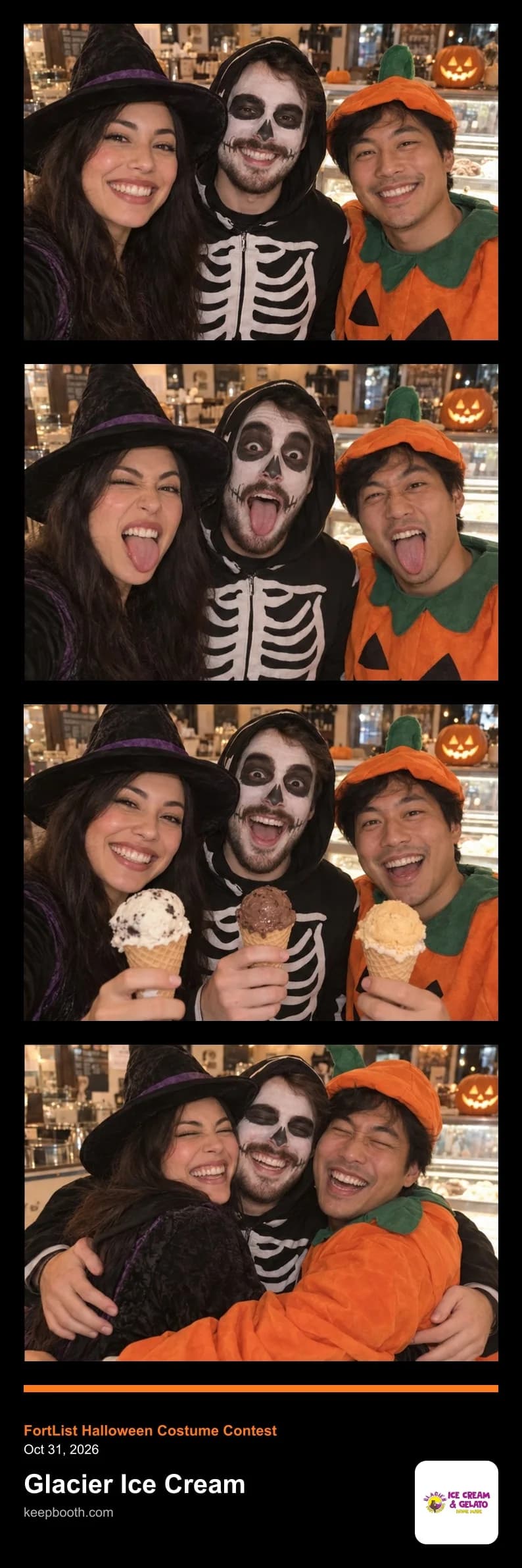 A sample four-photo strip in the Halloween costume contest frame: three friends dressed as a witch, a skeleton and a pumpkin smile, pull faces, hold up ice cream cones and hug, with Glacier Ice Cream's name and logo at the bottom.