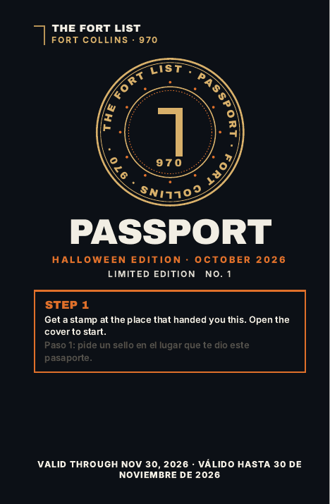 The cover of The Fort List Passport, Halloween 2026 edition: a black booklet with gold stamp rings.