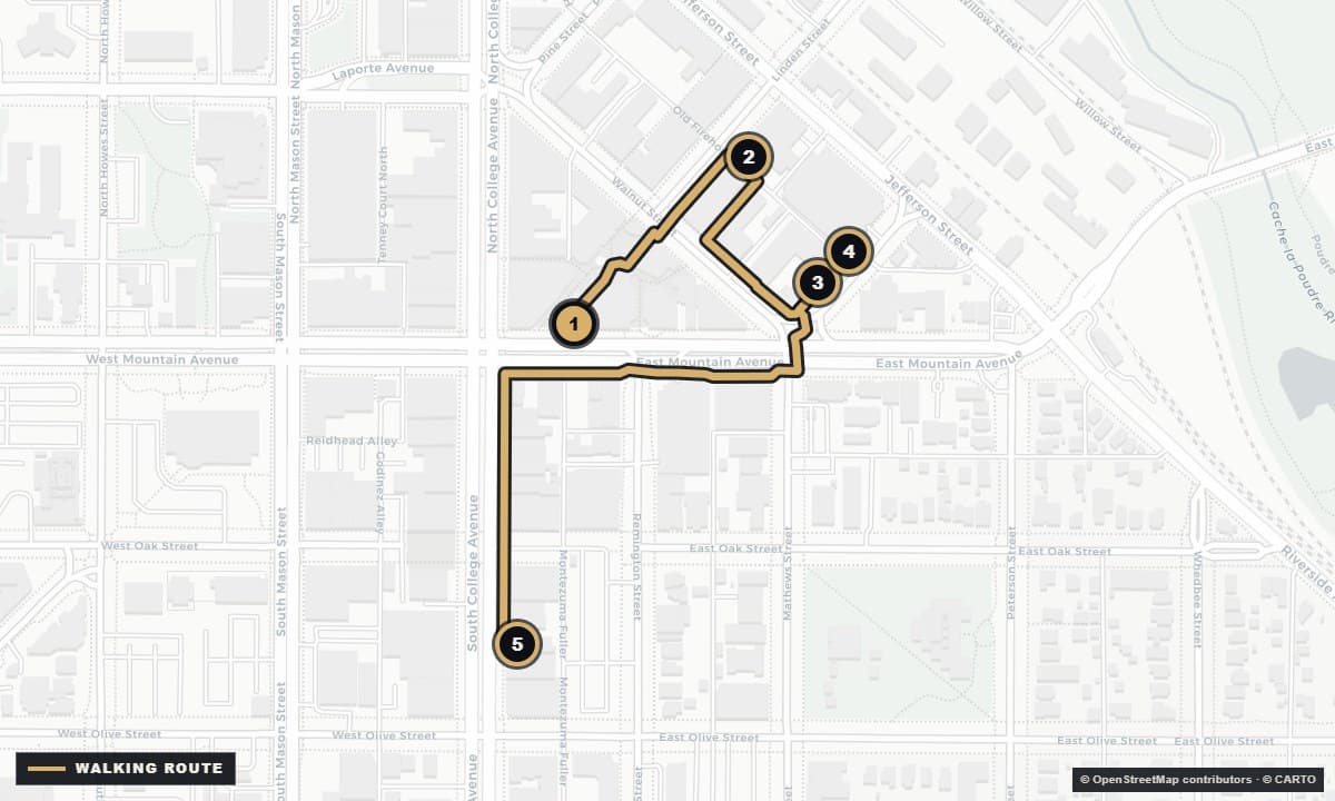 Actual Fort Collins street map with the Cocktails & low light walking route and 5 numbered stops