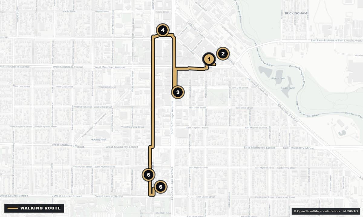 Actual Fort Collins street map with the The live rooms line walking route and 6 numbered stops