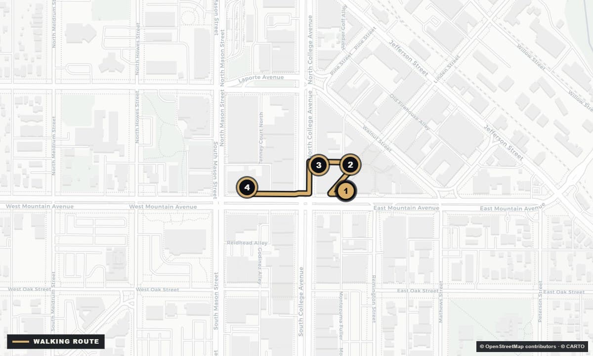 Actual Fort Collins street map with the The short list walking route and 4 numbered stops