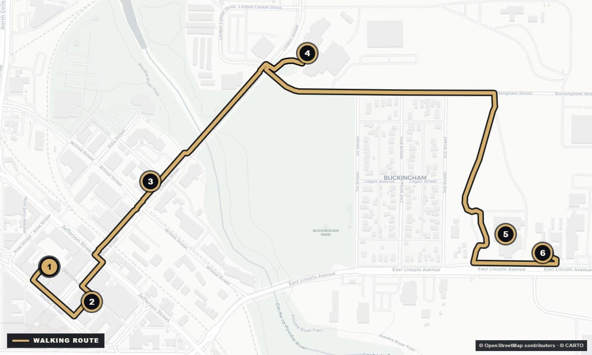 Actual Fort Collins street map with the The brewhouse line walking route and 6 numbered stops