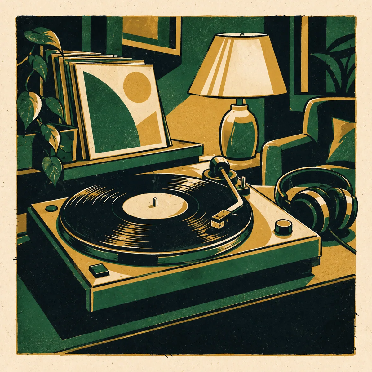 Illustration: a turntable with a spinning record, record sleeves and headphones by a lamp