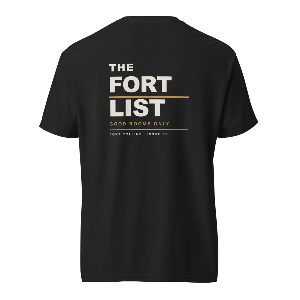 The Doorline Heavyweight Tee, back with cream and brass Fort List graphic